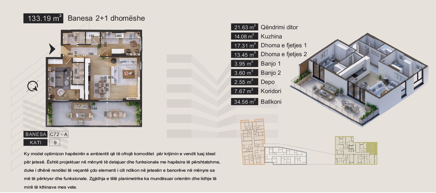 Banesa 2+1 dhomëshe 133.19m2