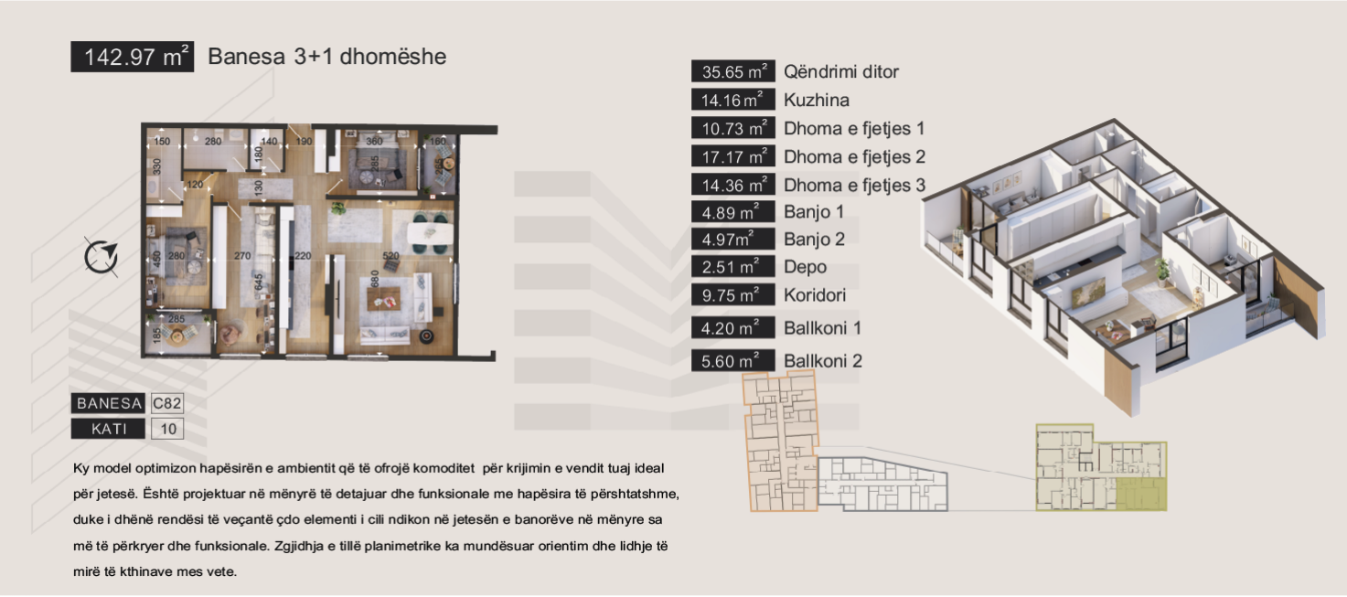 Banesa 3+1 dhomëshe 142.97m2